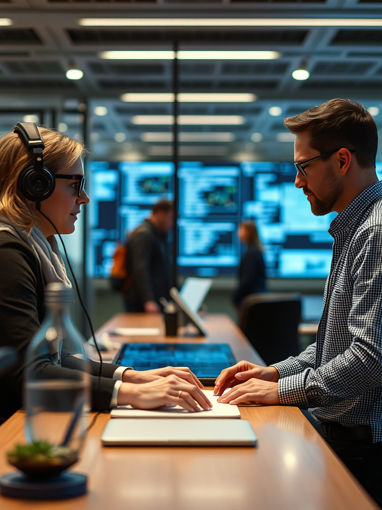 moderne Technologie-Beratung mit Künstlicher Intelligenz, seriöse Geschäftsumgebung, Menschen diskutieren mit digitalen Interfaces und Datenvisualisierungen