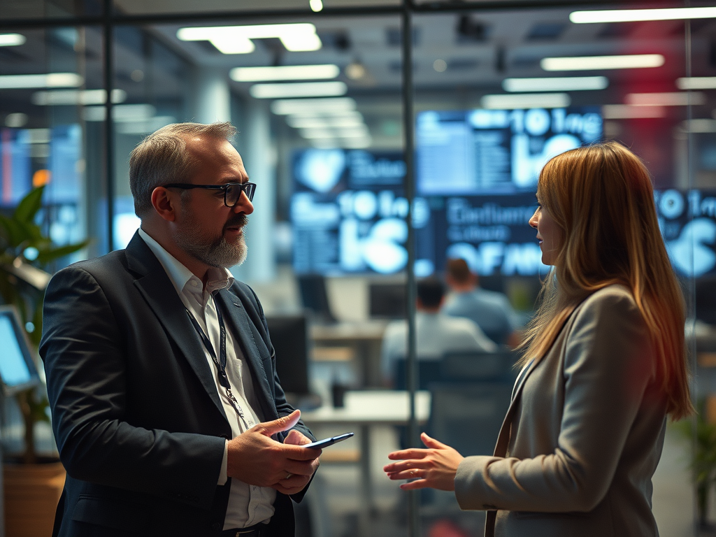 Technologieberatung im Bereich künstliche Intelligenz, modernes Business Umfeld, Berater und Klient im Gespräch mit digitalen und KI-Elementen im Hintergrund